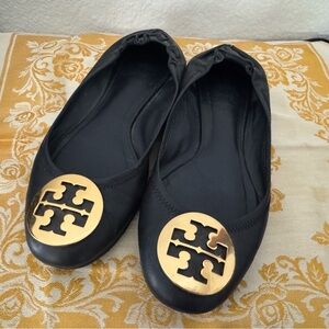 Tory Burch Black Flats with Gold Logo